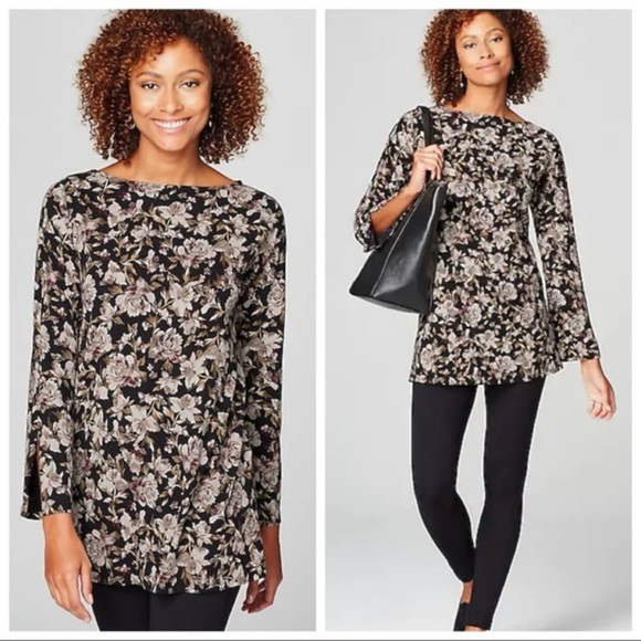 J Jill Womens Plus Dark Floral Pattern Luxe Supima Split Sleeve Tunic Size 3X - Picture 1 of 5